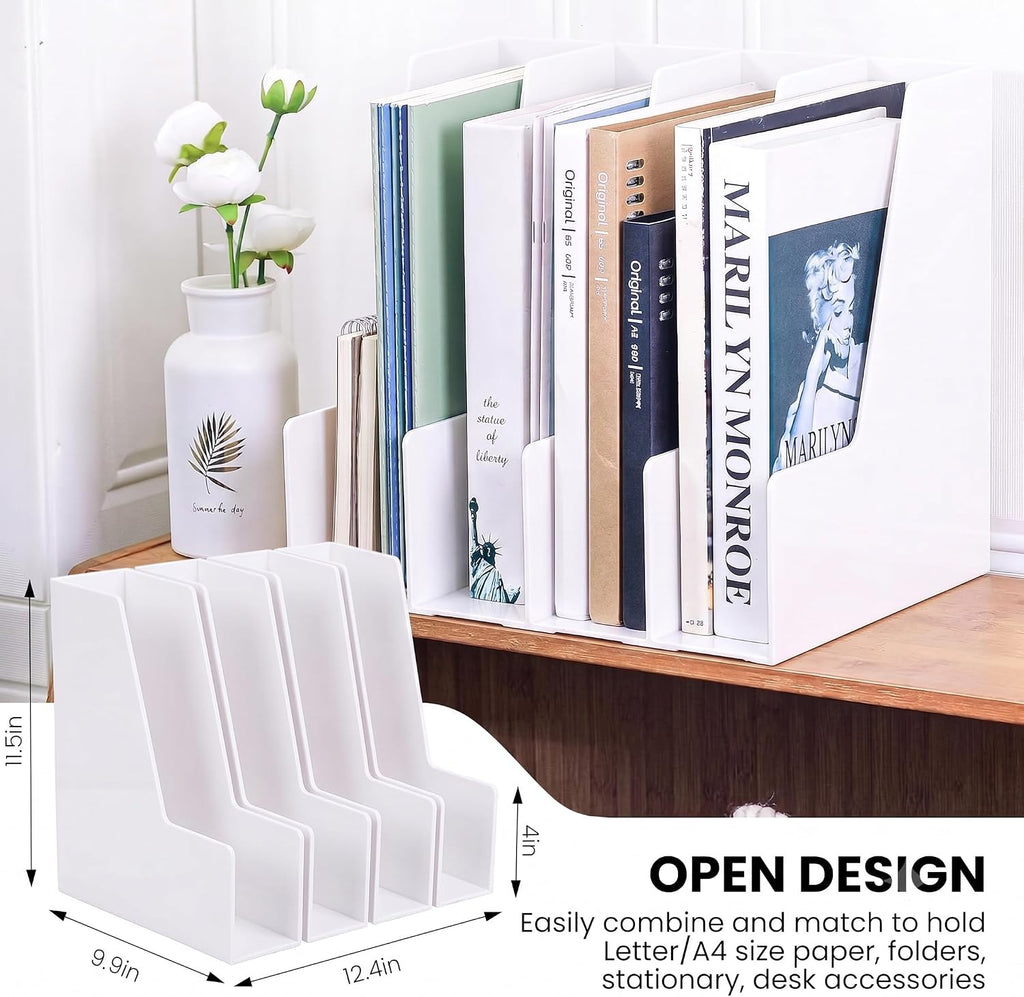 LALOBLUE White Vertical File Organizer, 4 Section Magazine Holder for Desk