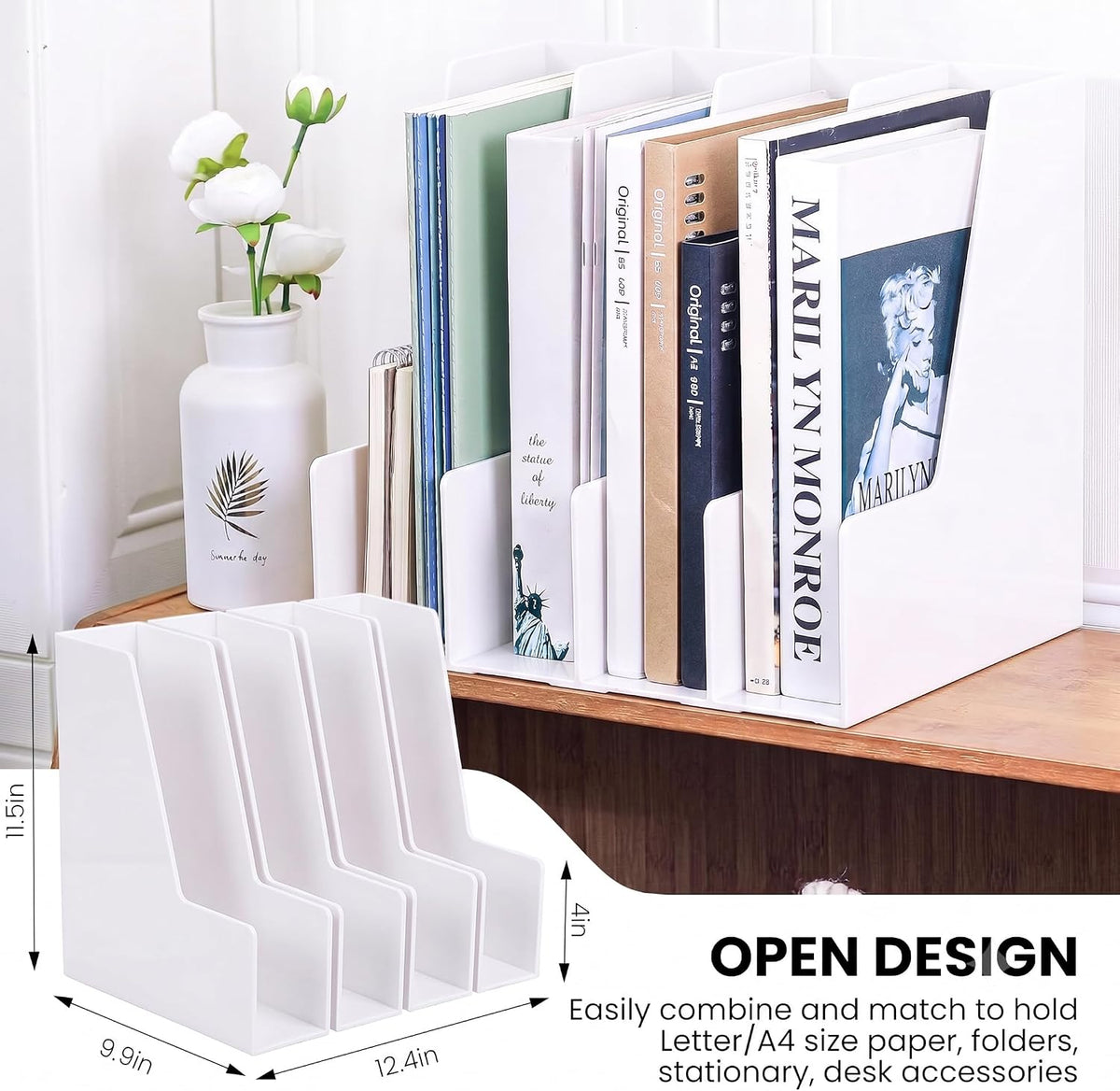 LALOBLUE White Vertical File Organizer, 4 Section Magazine Holder for Desk