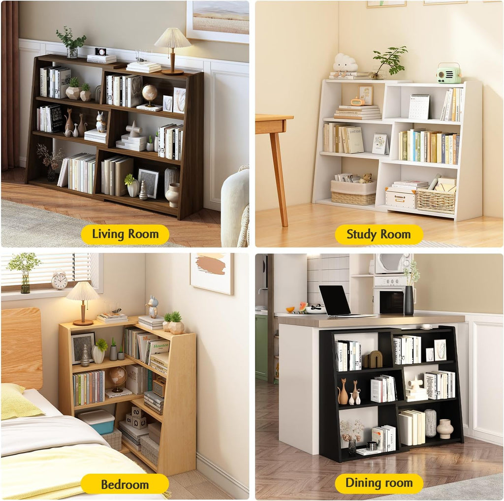IOTXY Wooden Extendable Shelf Bookcase, 3-Tier Low Bookshelf, Walnut, L