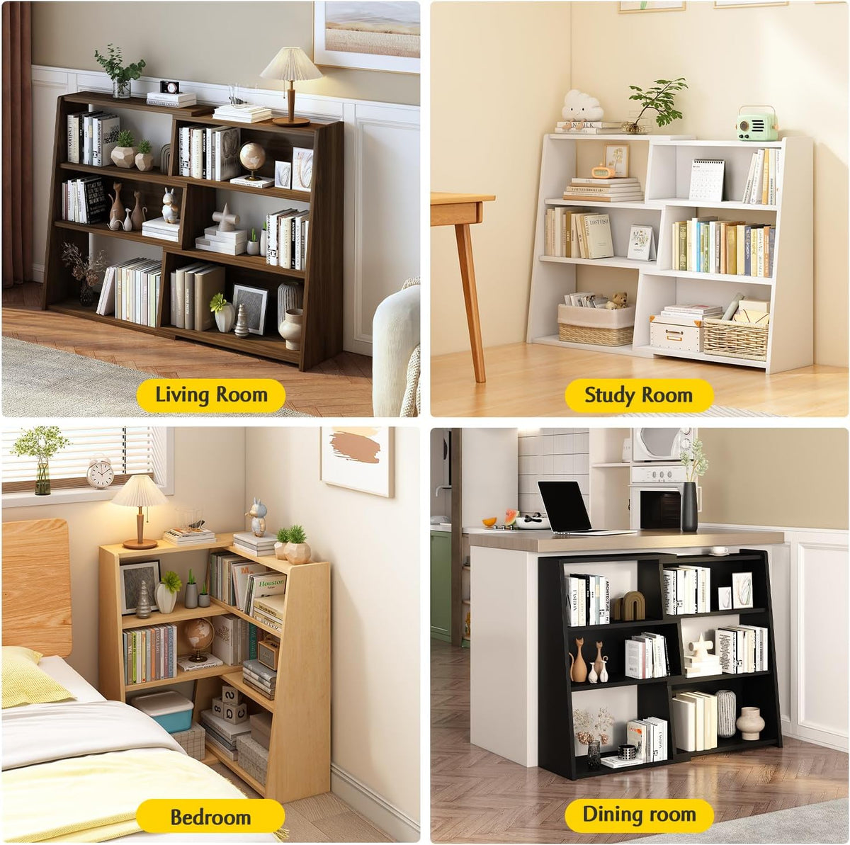 IOTXY Wooden Extendable Shelf Bookcase, 3-Tier Low Bookshelf, Walnut, L