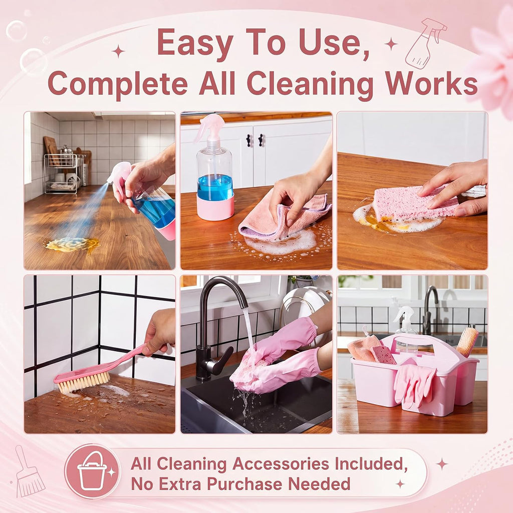 7 Pcs Cleaning Caddy Kit, Portable Divided Organizer, Pink