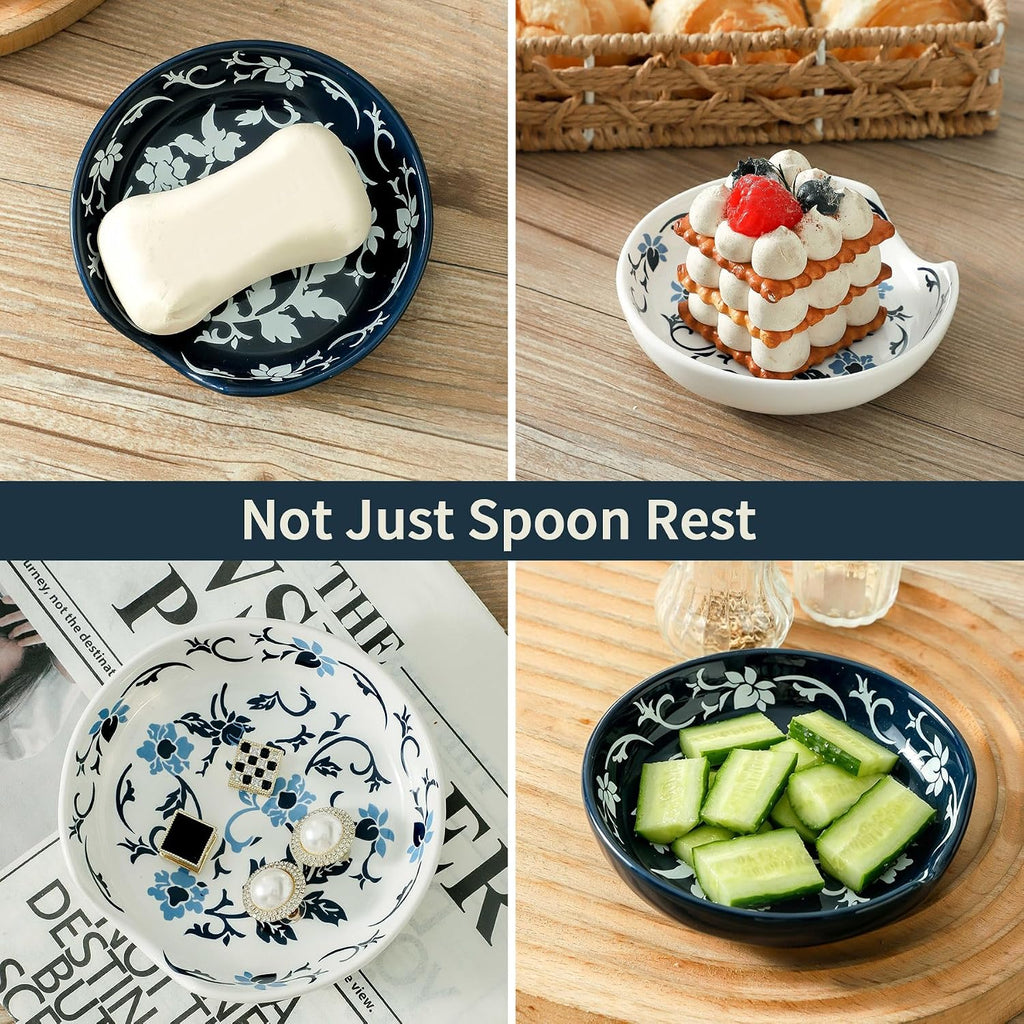 Spoon Rest Ceramic, 4.8 Inch Spoon Holder and Utensil rest for Stovetop, Vintage Spoon Rest Set of 4 for Spatula, Ladle, Kitchen Gadget Cooking Gift, Blue and White Floral Pattern, Kitchen Decor