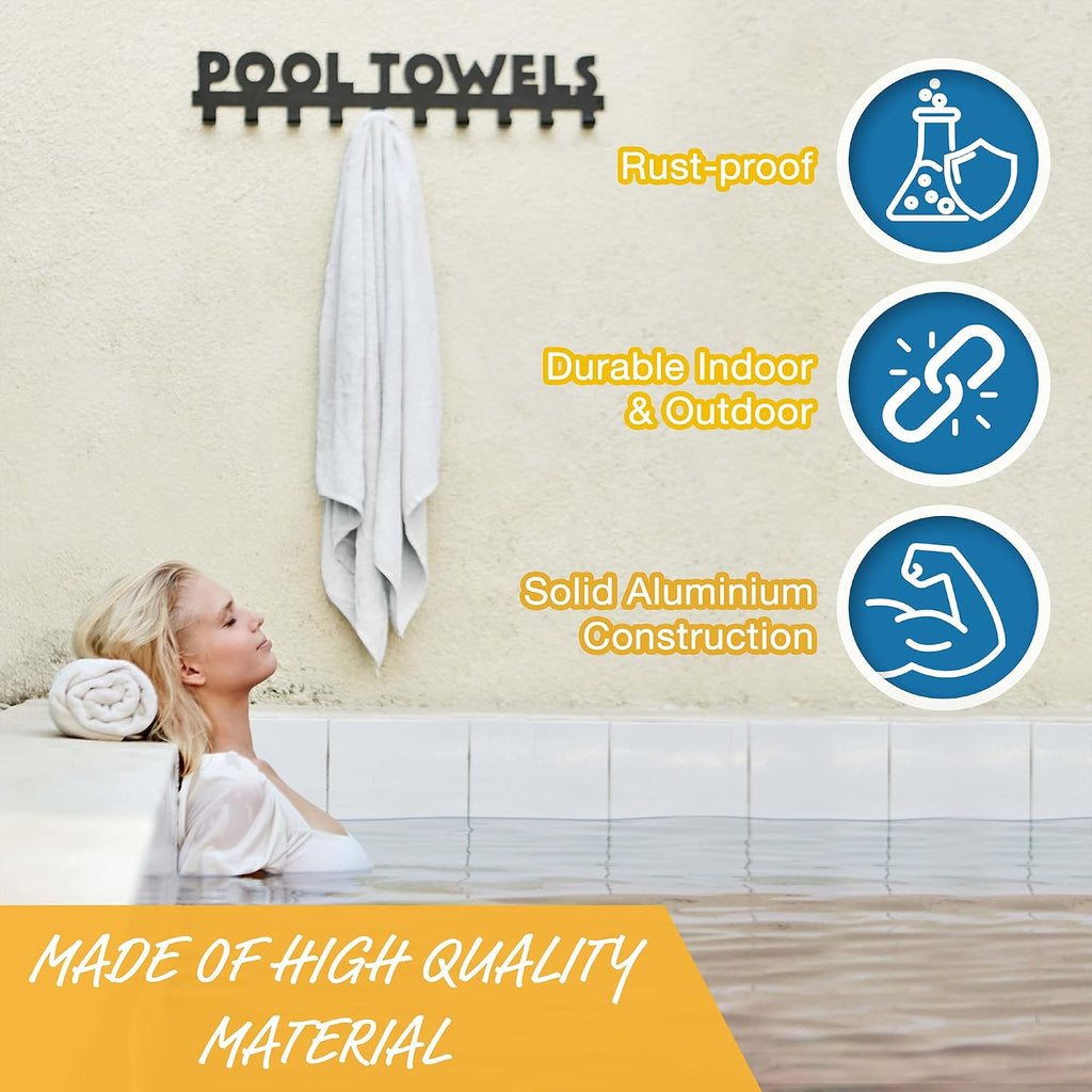 Pool Towel Rack Outdoor with 10 Hooks - 32 Inch Wall Mount - Rust-Proof
