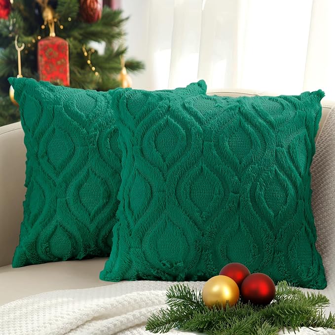 decorUhome Throw Pillow Covers 20x20 Inch Set of 2, Soft Plush Faux Wool Green by decorUhome