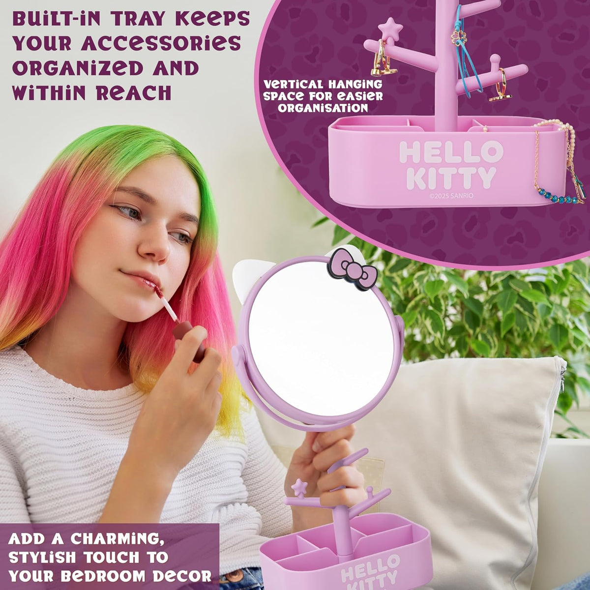 Get Trend Hello Kitty Sanrio Mirror with Jewelry Stand for Girls, Teens, Kawaii Makeup Mirror, Jewelry Holder, Bracelet Holder, Gifts for Girls (Pink Hello Kitty)