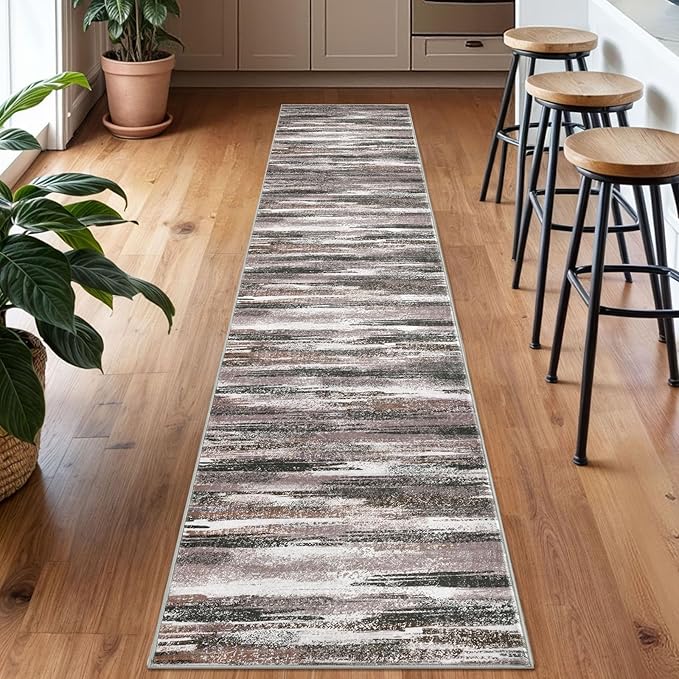 Lansny Modern Abstract Runner Rug 2x10, Dark Light Brown White Washable Long - Image 2