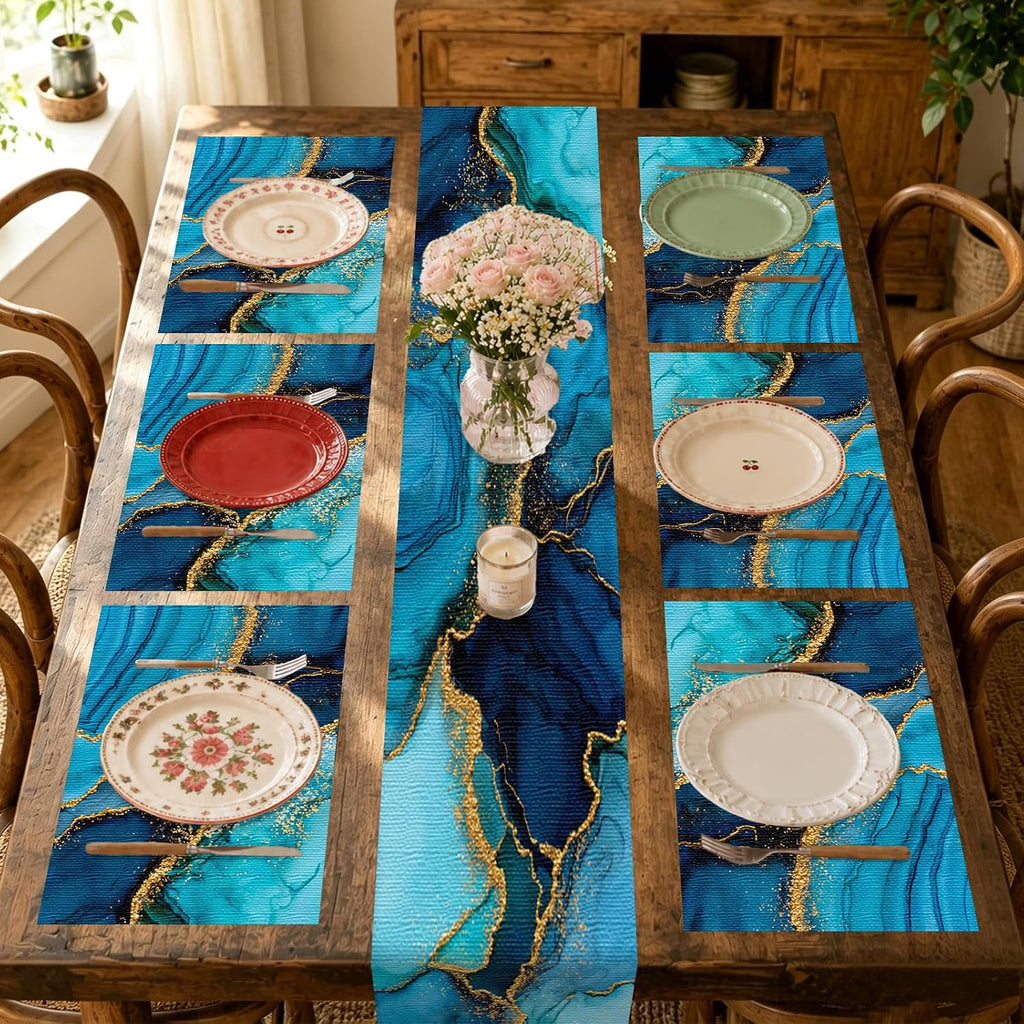 Nuxovilar Blue Gold Ink Table Runner Placemats Linen Set