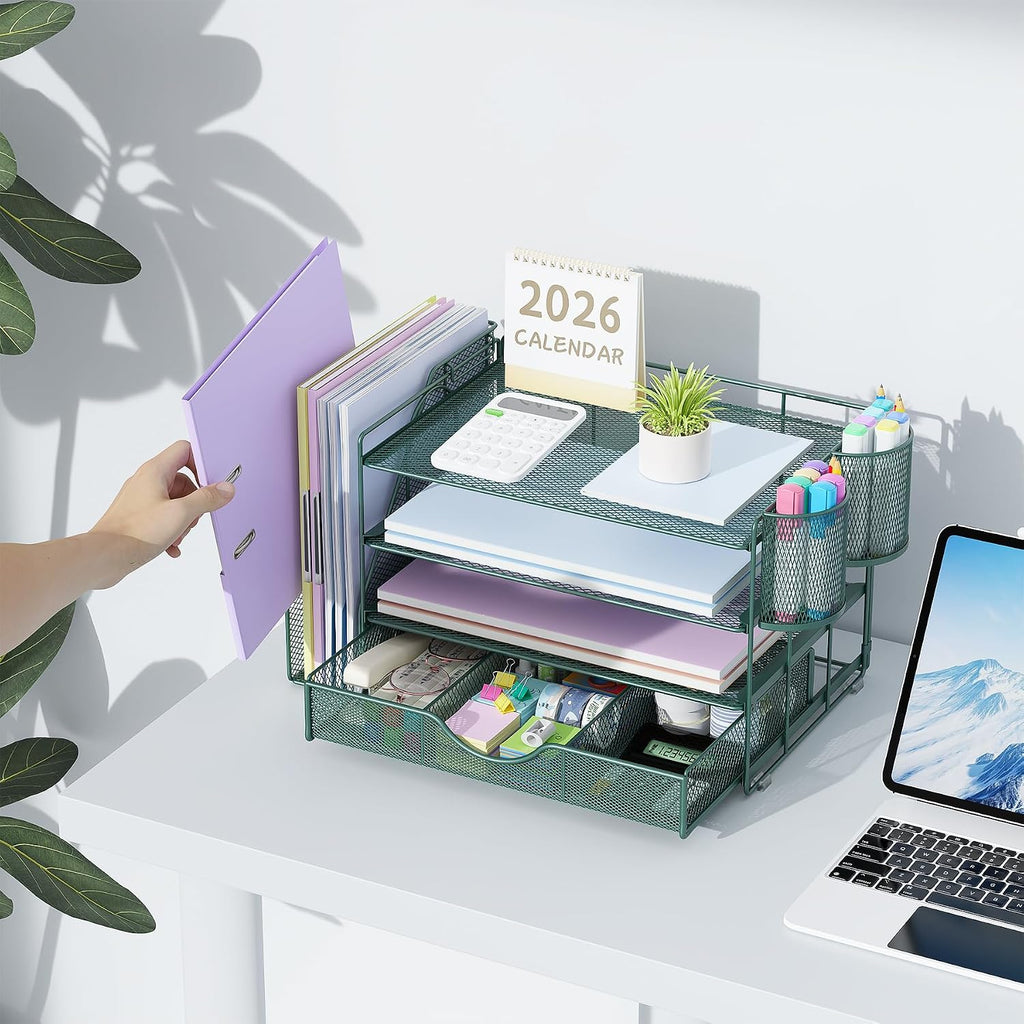 gianotter 4-Tier Desk Organizer with Drawers, File Holders, Letter Trays and Pen Holders - Workspace Accessories for Office Supplies (Green)