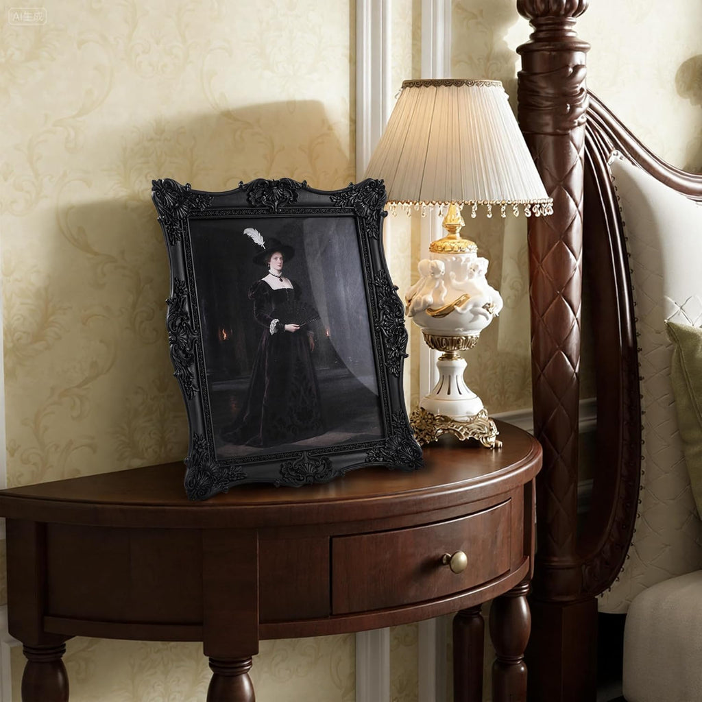Picture Frame,Vintage Black Ornate Textured Hand-Crafted Resin Photo Frame with Easel & Hook for Tabletop & Wall Display, Retro Design Home Decor (Black, 8x10inch)