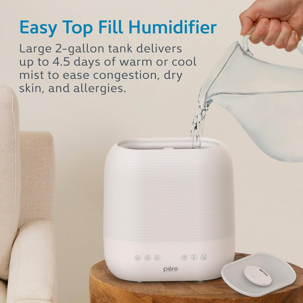 Pure Enrichment HUME Sense Warm & Cool Mist Top-Fill Humidifier, 2-Gal Tank, Up to 4.5 Days, Auto Humidity Sensor, 3 Mist Levels, Night Light, Aromatherapy, Sleep Mode & Auto Shut-Off