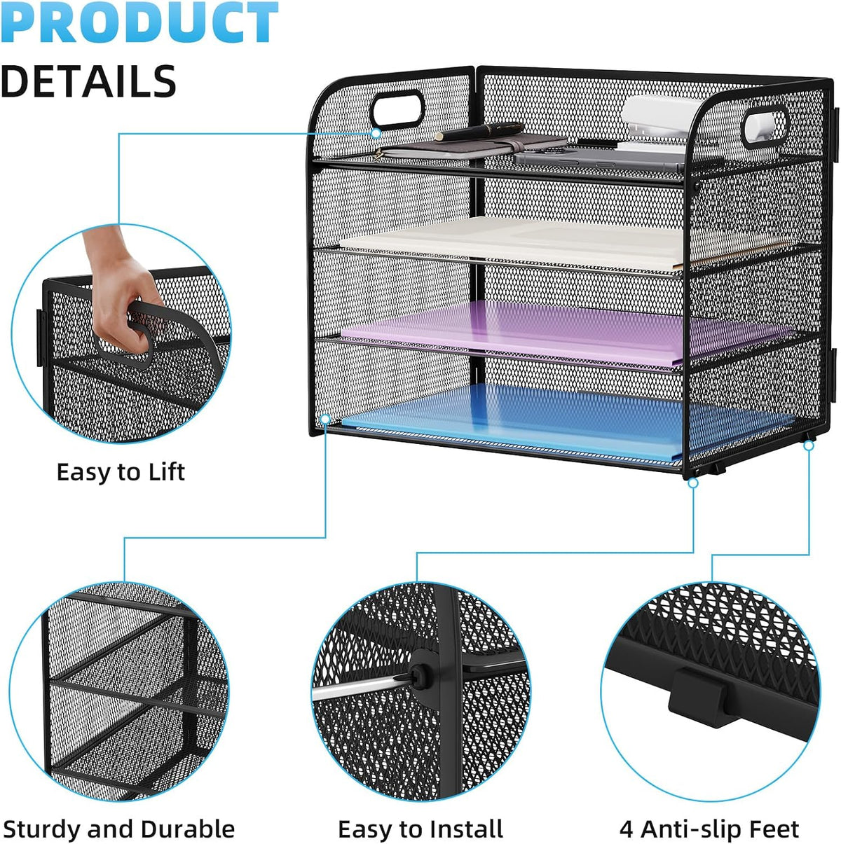 Marbrasse 4 Tier Paper Organizer Letter Tray - Mesh Desk File Organizer with Handle, Paper Sorter Organizer for Letter/A4 Office File Folder Holder (Black, 12.6" x 9.1" x 9.1")