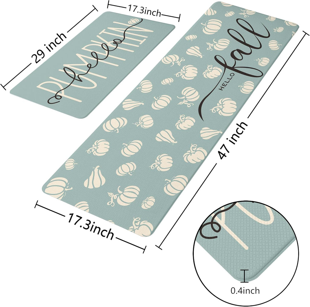 Fall Autumn Pumpkin Blue Kitchen Rug Set 2 PC, 17"x29"+17"x47"