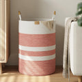 95L Laundry Hamper with Leather Handles，Laundry Basket,Coral Pink&White