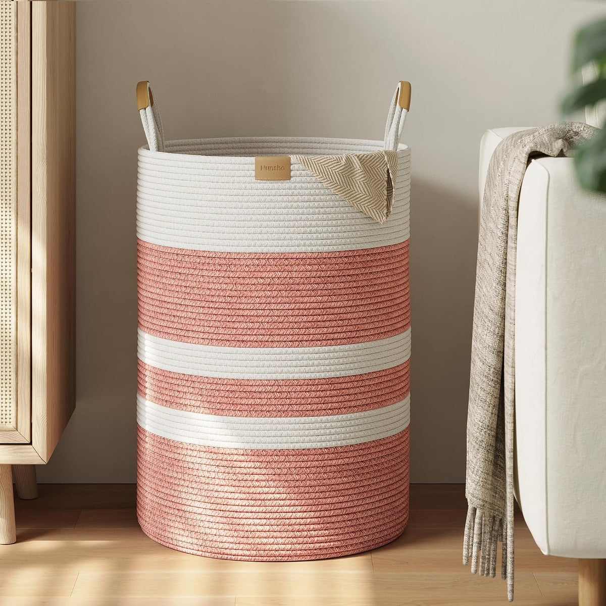 95L Laundry Hamper with Leather Handles，Laundry Basket,Coral Pink&White