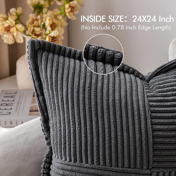 MIULEE Dark Grey Corduroy Decorative Euro Sham Pillow Covers 24x24 Inch - Image 2
