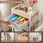 6 Tier Rolling Cart with Drawers, Plastic Drawer Storage Craft Cart with Pegboards & Hooks, Metal Utility Cart with Wheels & Wooden Tabletop, Classroom Office Art Supply Organizers and Storage, White