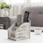 MyGift Whitewashed Wood TV Remote Control Holder with 3 Compartments