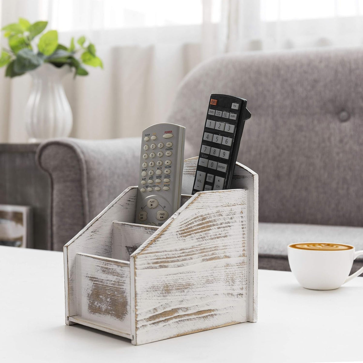 MyGift Whitewashed Wood TV Remote Control Holder with 3 Compartments