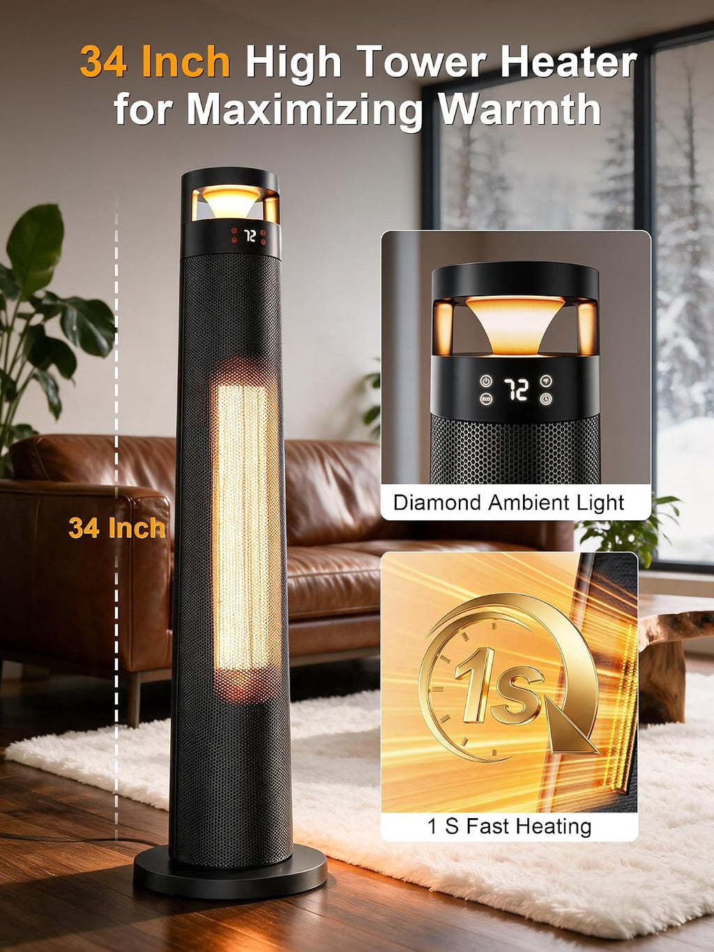 Uthfy 34'' Space Heaters for Indoor Use, 1500W Electric Heaters, 24H Timer