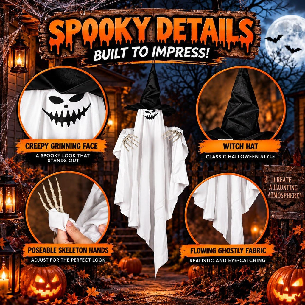 4 Pack 32 Inch Hanging Ghosts Halloween Decor, Ghost Decorations with Witch Hats & Skeleton Hands, Floating Ghost Halloween Decorations for Outside, Front Porch, Yard, Patio & Indoor Decor