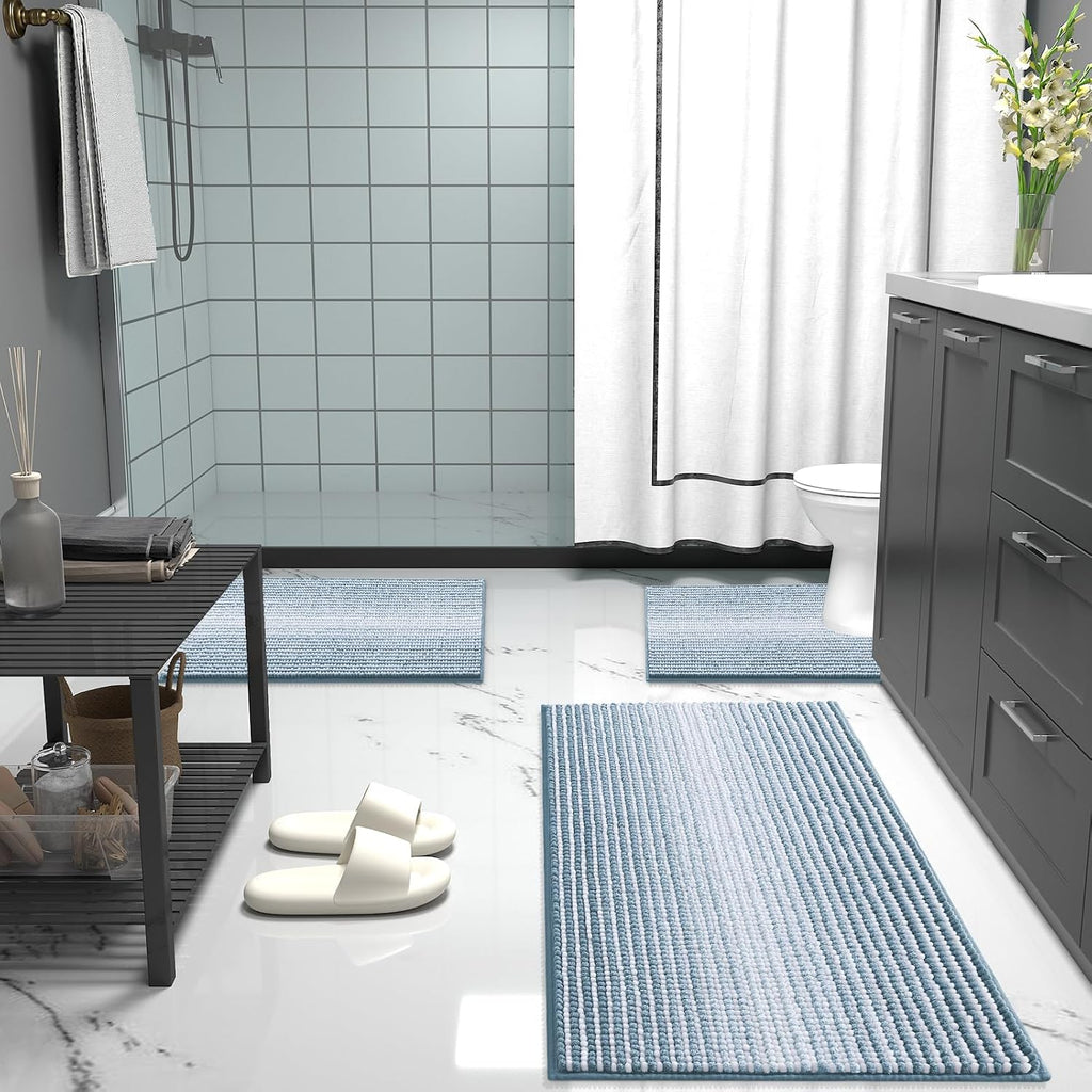 OLANLY Bathroom Runner Rugs 47x20, Chenille Striped Bath Rugs, Airy Blue