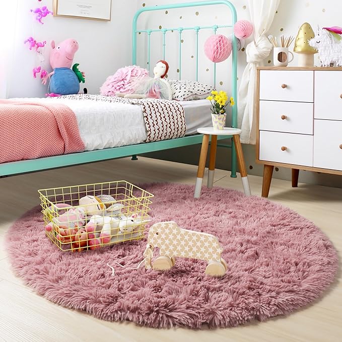 Blush Fluffy Round Rug 5Ft for Bedroom, Fuzzy Plush Circle Area Rugs for Baby - Image 7