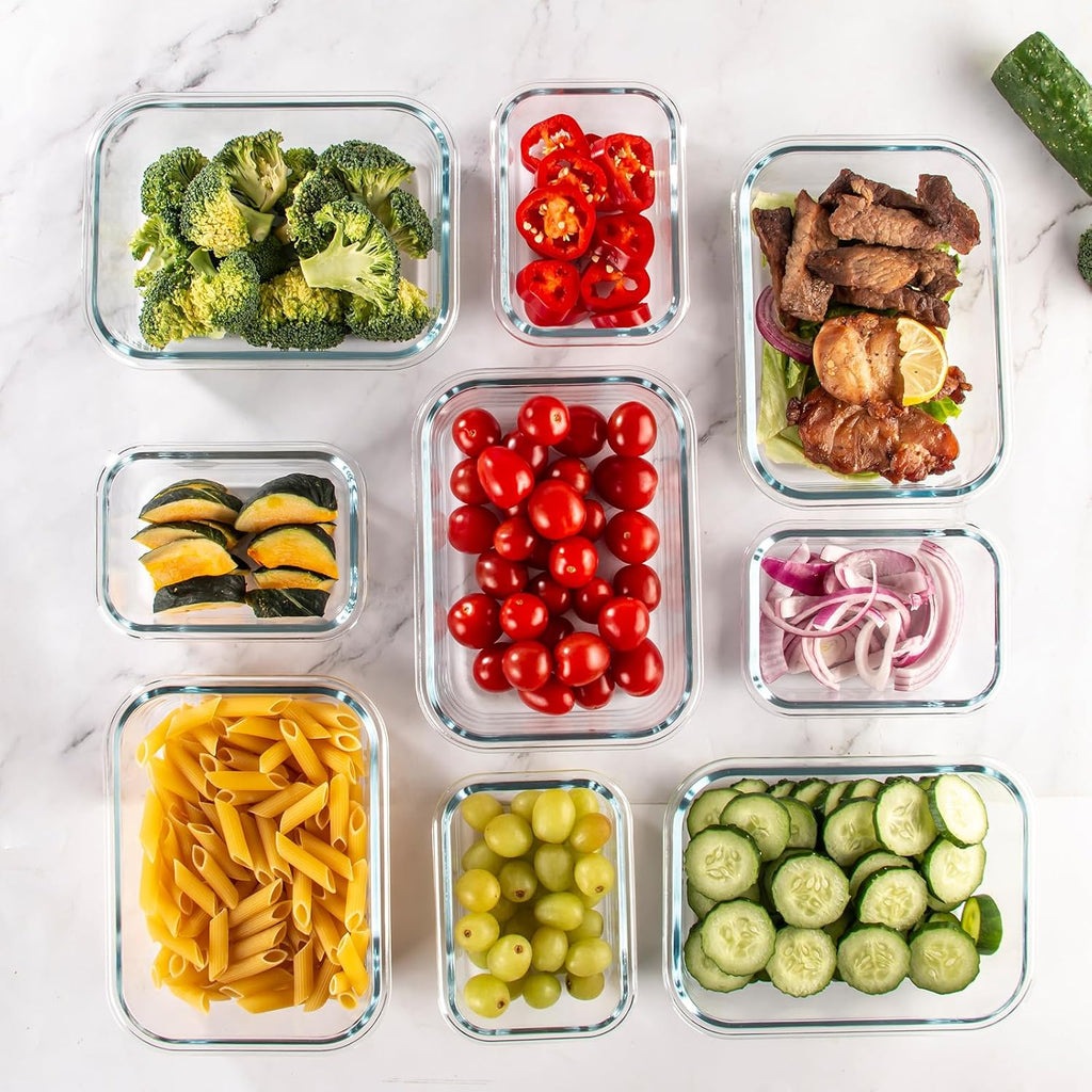 UMEIED 10 Pack Glass Food Storage Containers with Lids for Lunch, On-the-Go, Leftovers, Pantry Organization