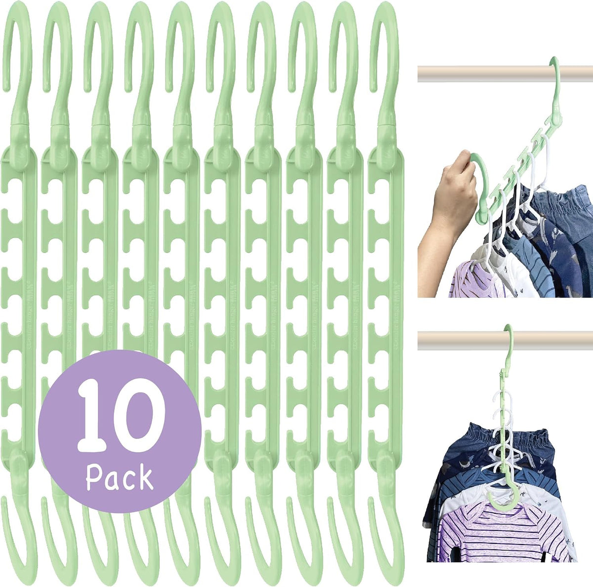 Max Space Saving Hangers, 10-Pack, 360° Hooks, Pastel Green
