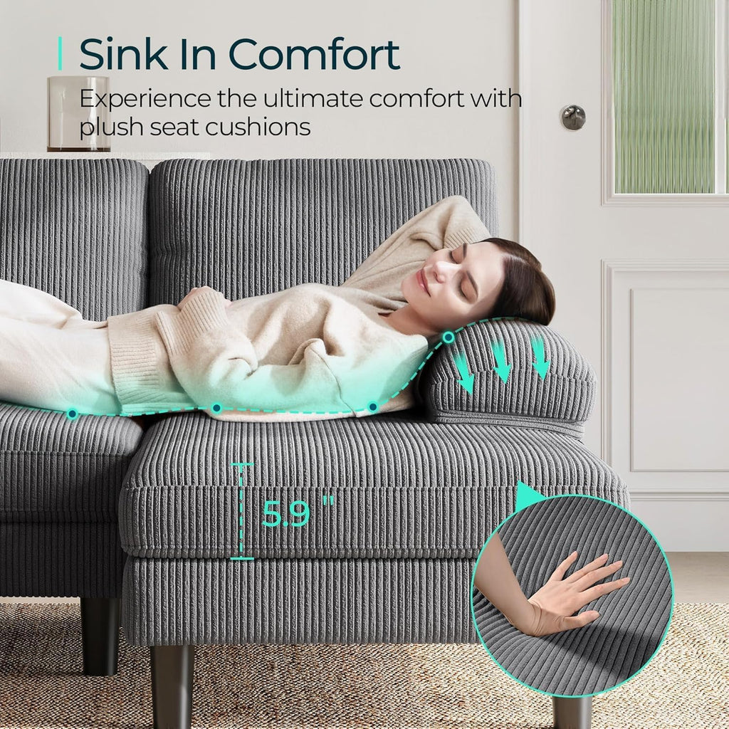 LINSY HOME Sectional Couch, 105'' W Corduroy U Shaped Sofa with Sleepable Armrests, 4 Seat Couch with Double Chaises, Deep Sofa for Living Room（Grey）