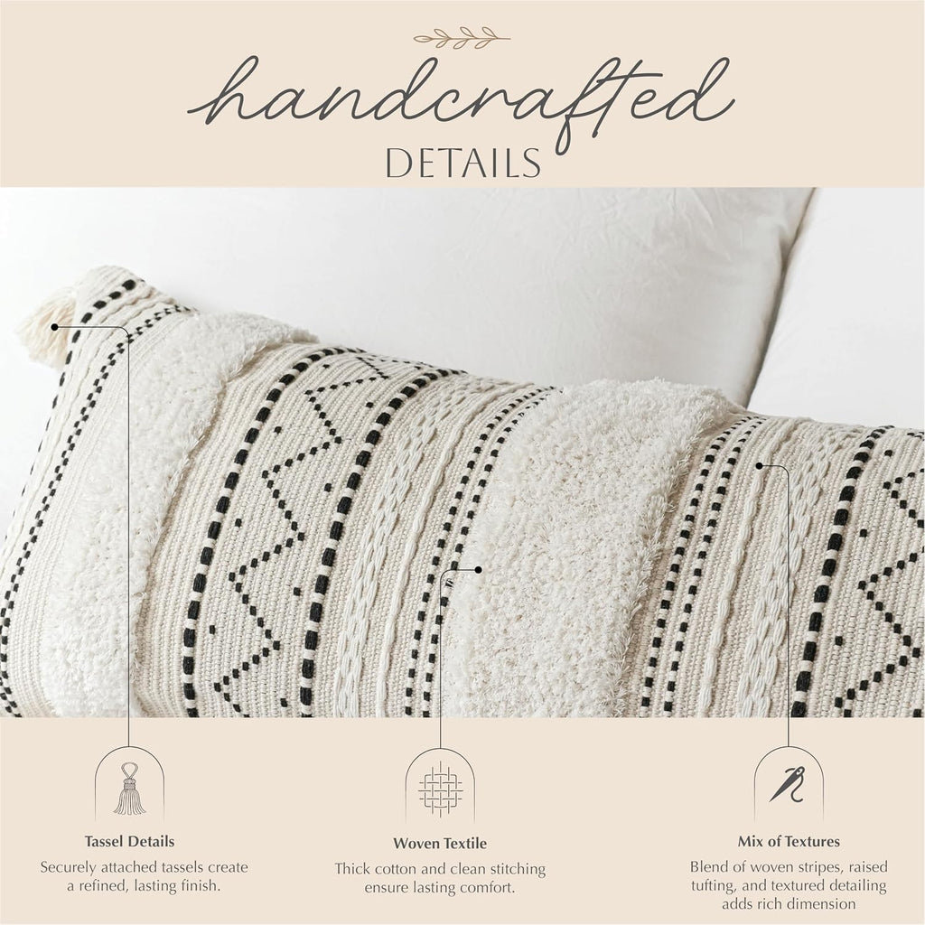 BlissBlush 14x36 Lumbar Pillow Cover for Bed, Rectangular Long Decorative Throw Pillowcase, Boho Accent Cushion with Black Tufted Pattern and Tassels, Cream Neutral (Cover Only)