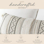 BlissBlush 14x36 Lumbar Pillow Cover for Bed, Rectangular Long Decorative Throw Pillowcase, Boho Accent Cushion with Black Tufted Pattern and Tassels, Cream Neutral (Cover Only)