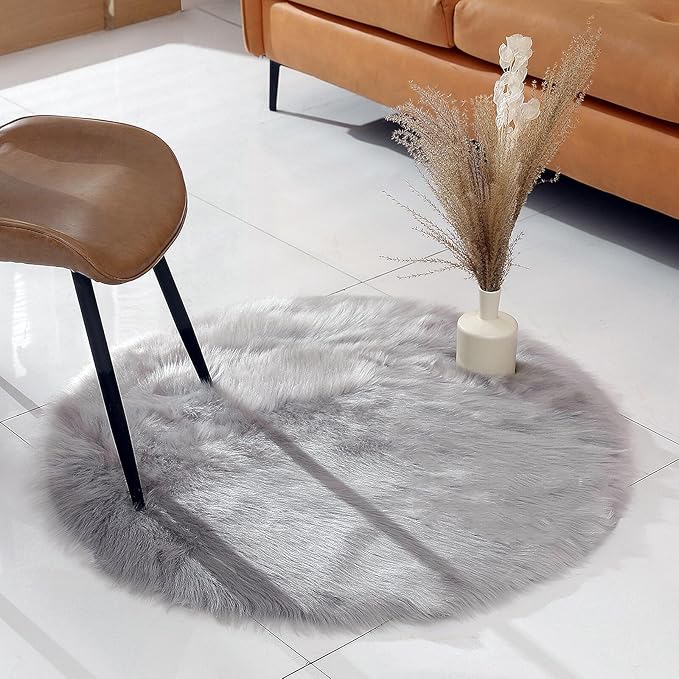 linmopm Faux Fur Rug Sheepskin Shag Fluffy Fuzzy Grey 3x3 ft Rugs - Image 3