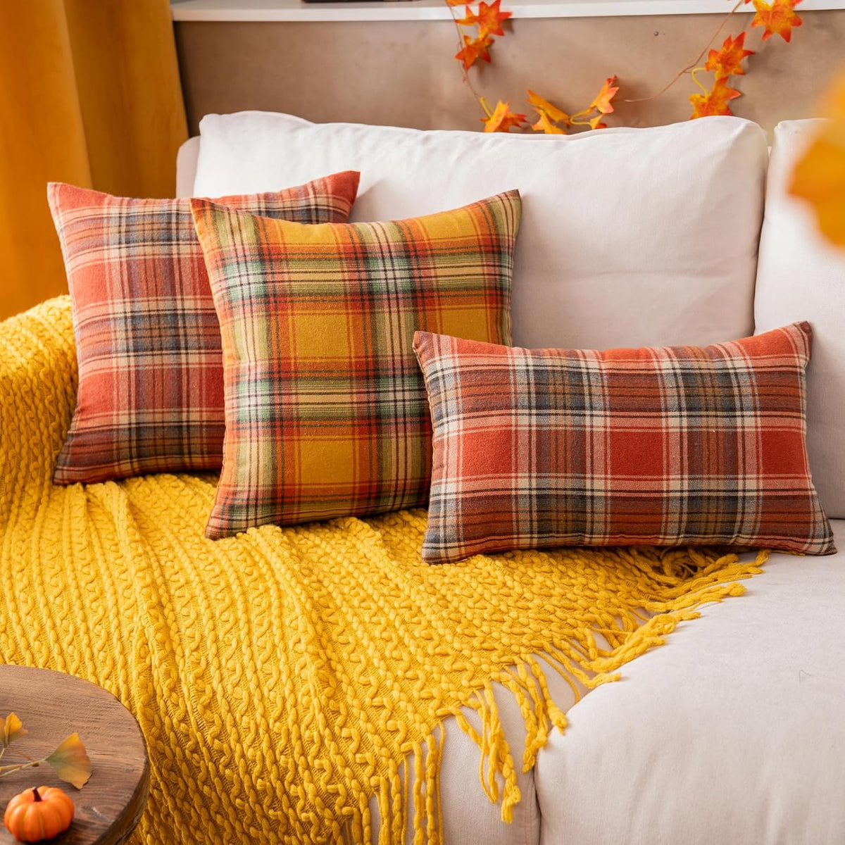 AQOTHES Fall Plaid Orange Throw Pillow Covers 18x18 Inch Set of 2