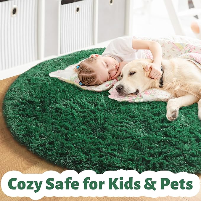 Amdrebio Dark Green Fluffy Round Rugs 5Ft - Image 2