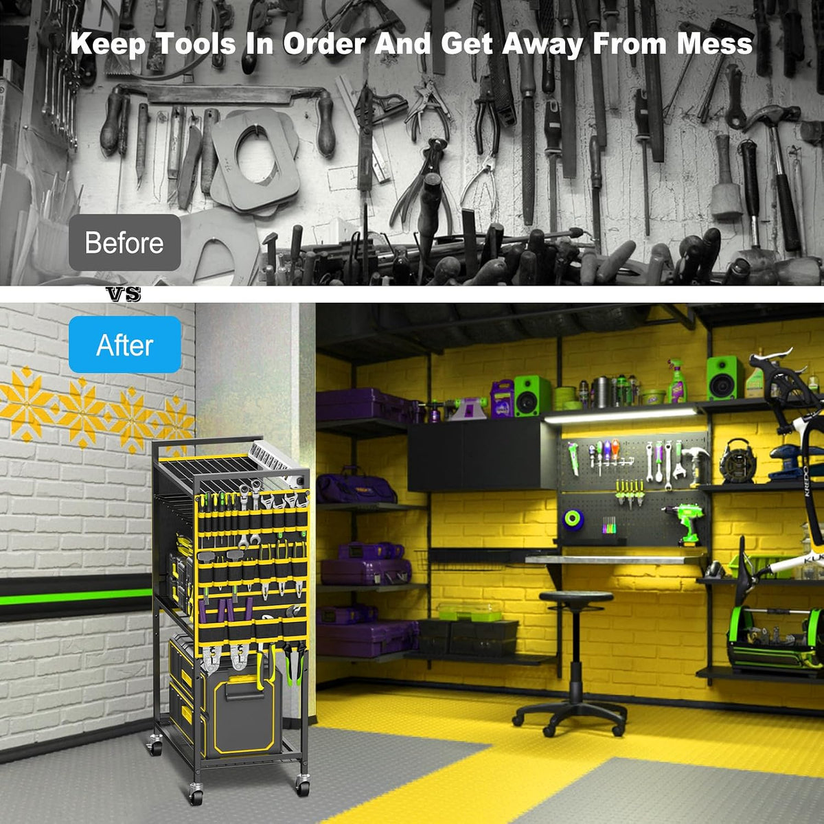 Power Tool Organizer Cart with Charging Station, 6 FT Cord, Yellow