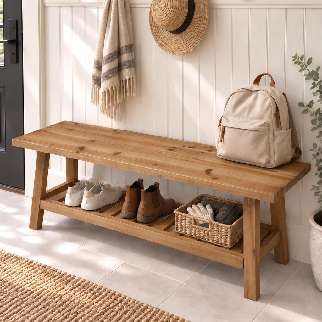 PERFNIQUE 43" Solid Wood Entryway Bench, Farmhouse Bench with Storage