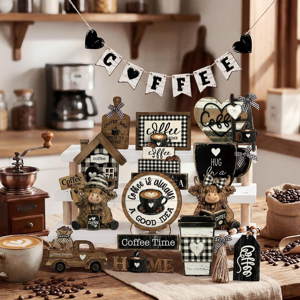 Mifoci 17 Pcs Coffee Tiered Tray Decor Farmhouse Wooden Bar Signs
