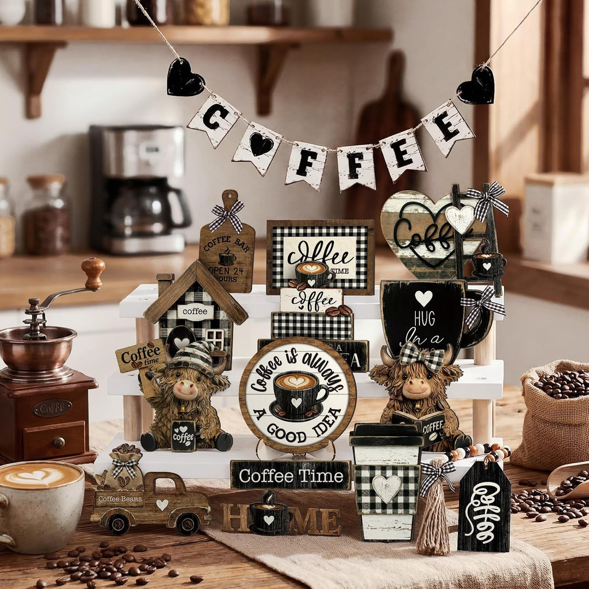 Mifoci 17 Pcs Coffee Tiered Tray Decor Farmhouse Wooden Bar Signs