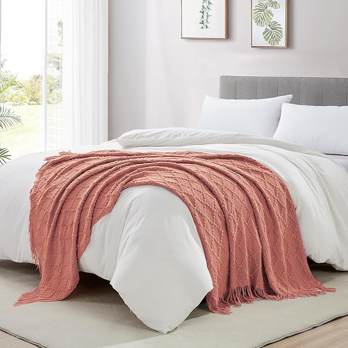 BOURINA Coral Pink Throw Blanket 50 x70 Inches Jacquard Argyle Throw Textured - Image 4