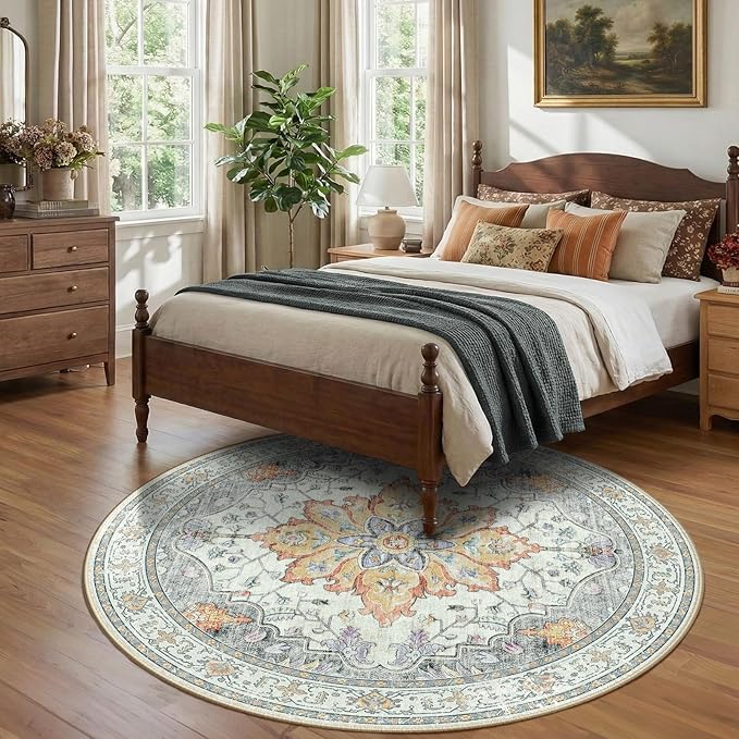 Area Rugs 7ft Washable Non-Slip, Floral Vintage Distress Print Pattern - Image 2
