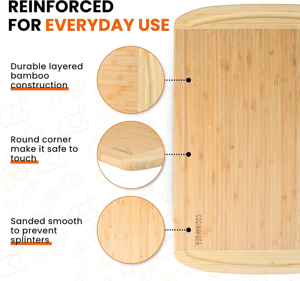 Bamboo Cutting Board Set – Charcuterie & Chopping Boards for Kitchen, Large & Small Sizes, Safe Cutting Boards for Meat, Cheese, Pizza – Home & Kitchen Gift Idea