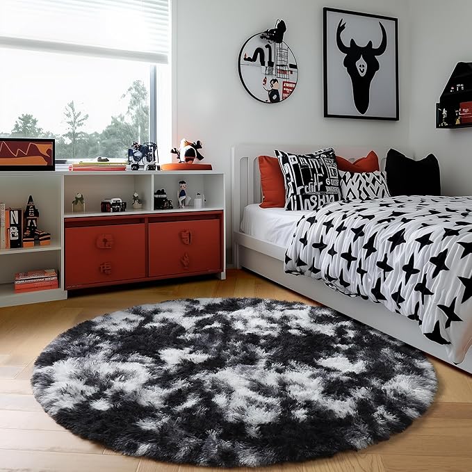 Amdrebio Black White Grey Circle Rug 6Ft Round Area Rugs - Image 3