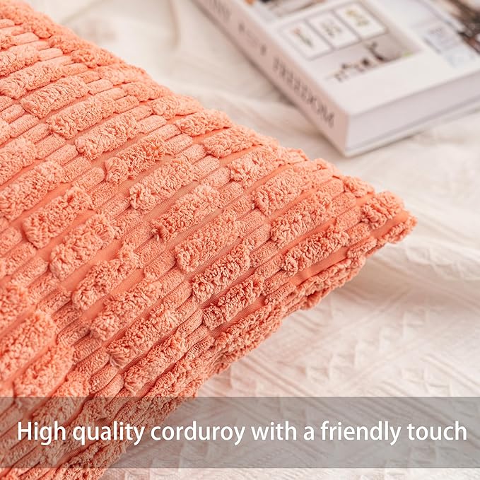Pack of 2 Corduroy Decorative Throw Pillow Covers 18x18 InchSoft Boho Striped - Image 2