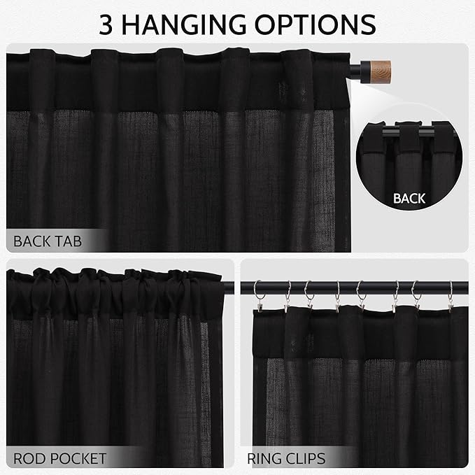 Vintage Black Linen Curtains 63 Inch Length - Image 2