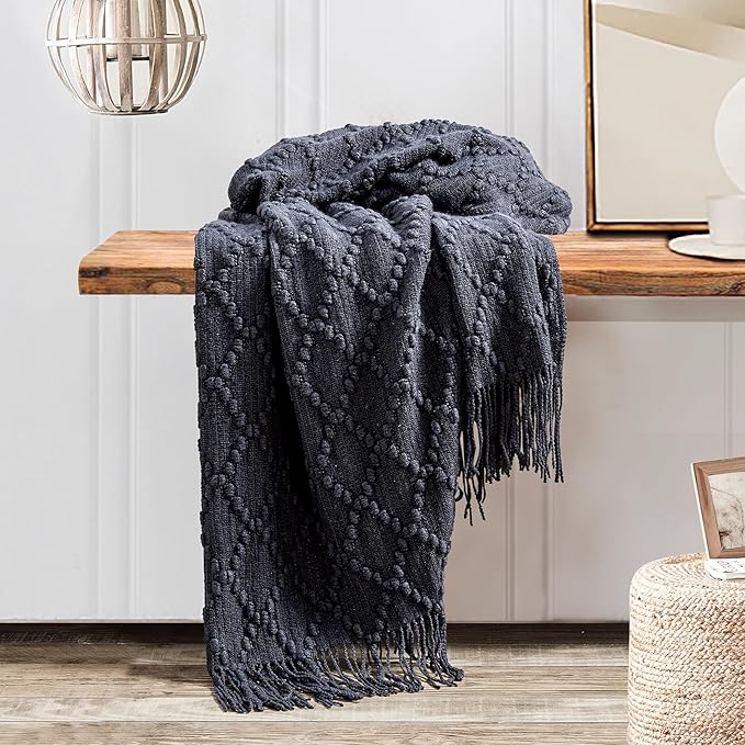 BOURINA Navy Throw Blanket 50 x70 Inches Jacquard Argyle Throw Textured Solid - Image 4