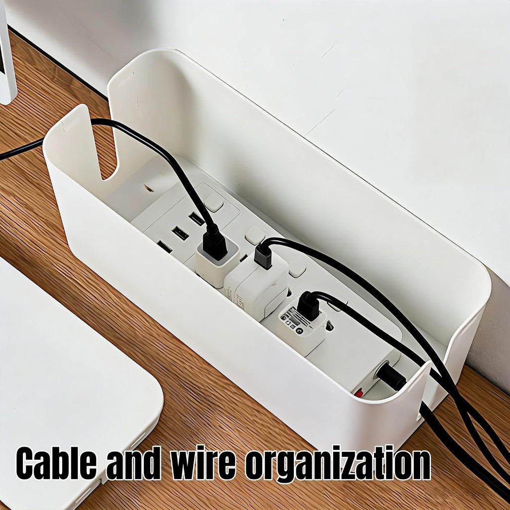 1Large+1Small Cable Organizer Set with 4 Silicone Cable Ties, 2-Piece Cable Management Box, Bamboo Lid Cord Organizer for Home Office,Set of Two Cable Box,Cable Organizer Box(Bamboo lid/White)