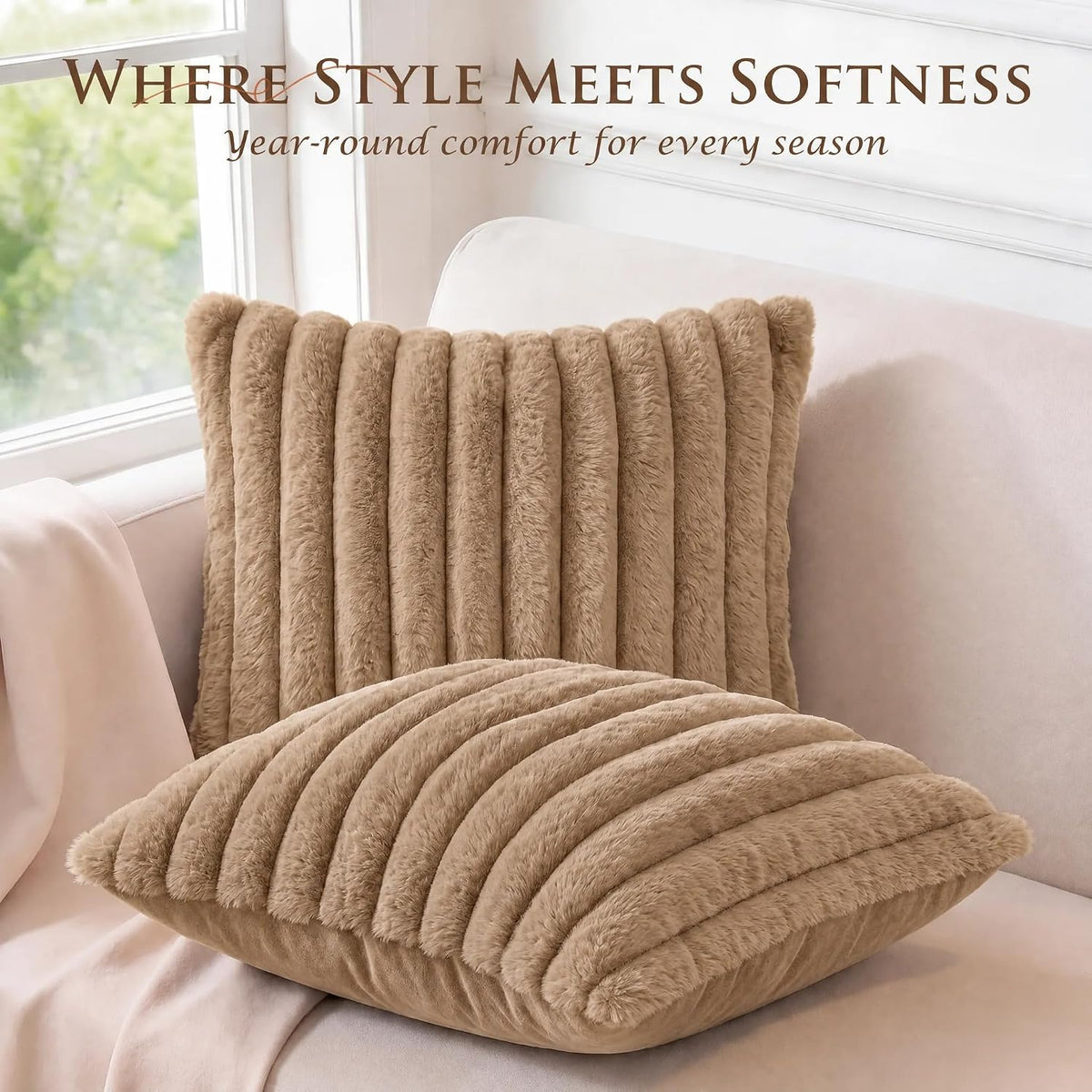 Set of 2 Decorative Throw Pillow Covers 20x20, Fall Faux Fur Khaki
