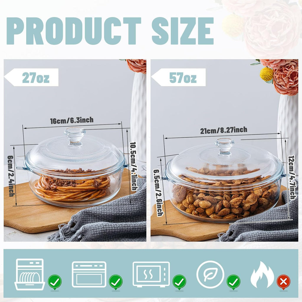 Maxcheck 2 Pcs Glass Casserole Dish with Lid, 0.8L/1.7L Round Bakeware Set