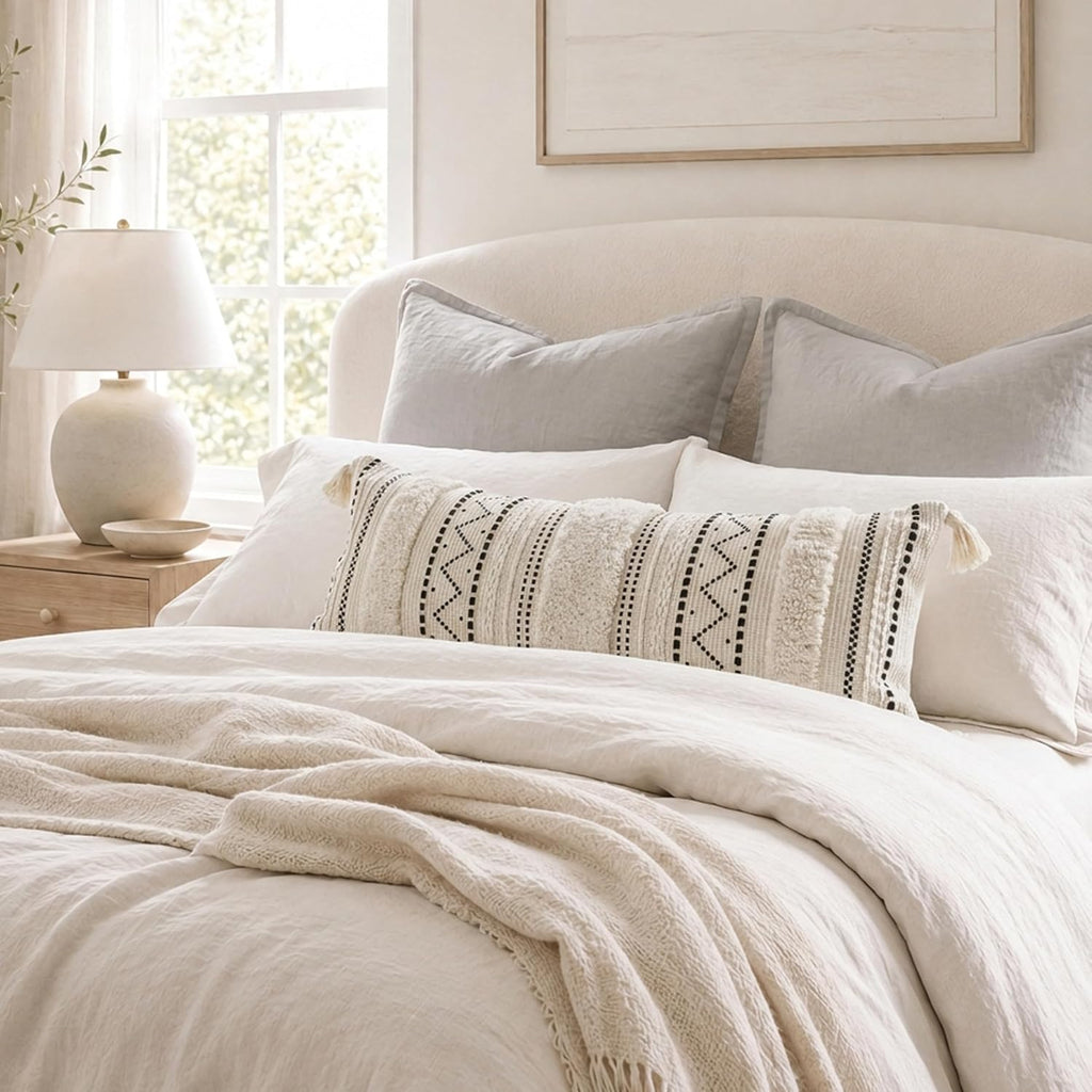 BlissBlush 14x36 Lumbar Pillow Cover for Bed, Rectangular Long Decorative Throw Pillowcase, Boho Accent Cushion with Black Tufted Pattern and Tassels, Cream Neutral (Cover Only)