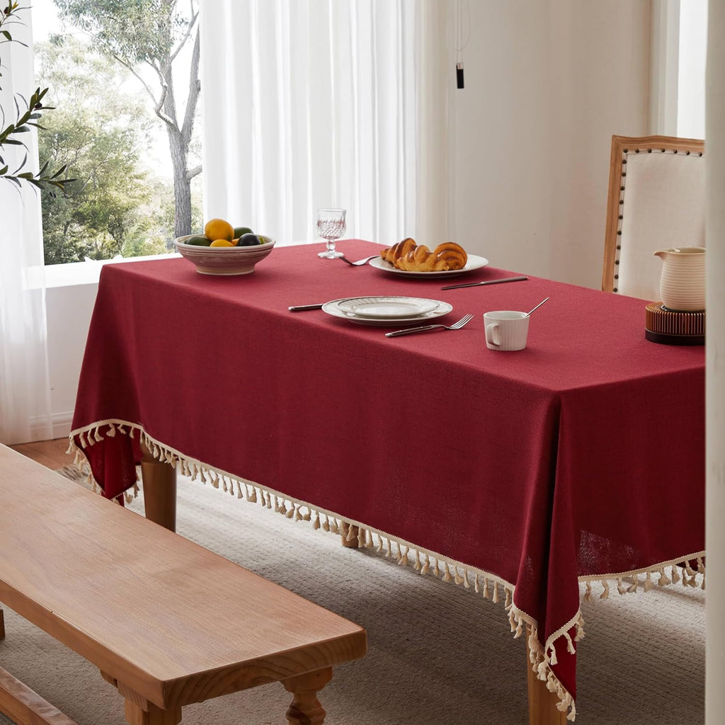 Tassel Linen Rectangular Table Cloth, Burgundy 60x120 Inch